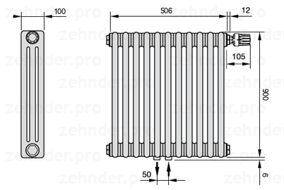 Схема (чертеж) Радиатор Zehnder Charleston 3090/11 №V008 Белый глянцевый RAL 9016